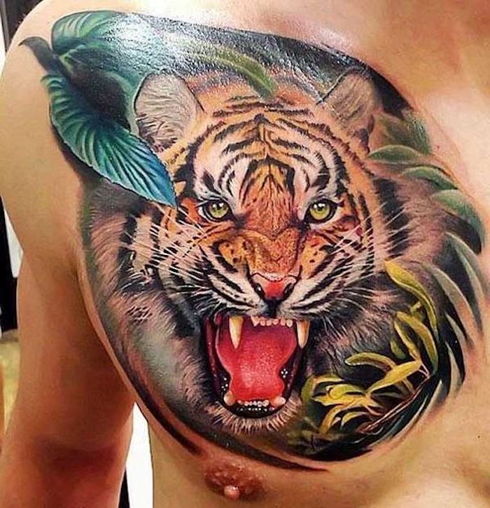 tatuagem colorida, folhas verdes, tigre, cabeça de tigre