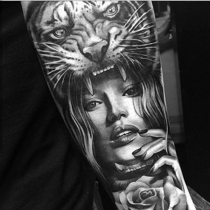 tatuagem de cabeça de tigre, perna, beintattoo, rosa, mulher, foto preto e branco