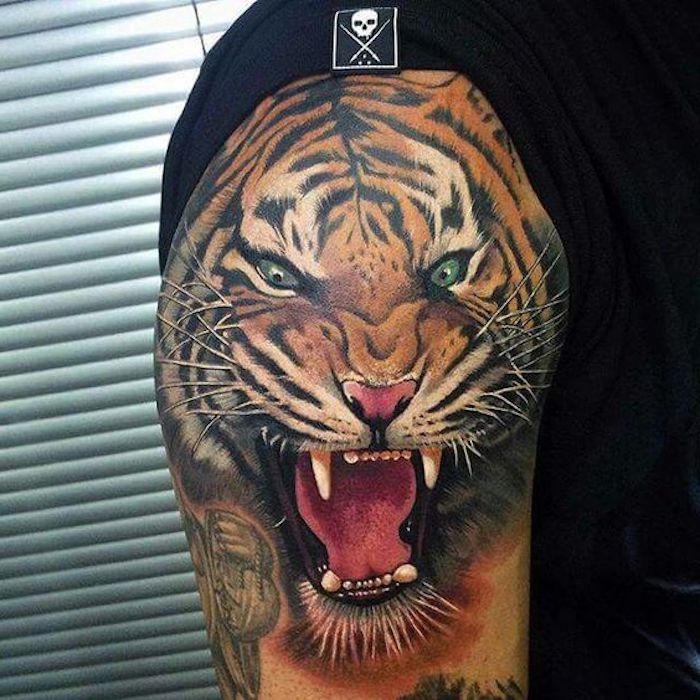 tatuagem de cabeça de tigre, parte superior do braço, tatuagem de braço colorido colorido, t-shirt preta
