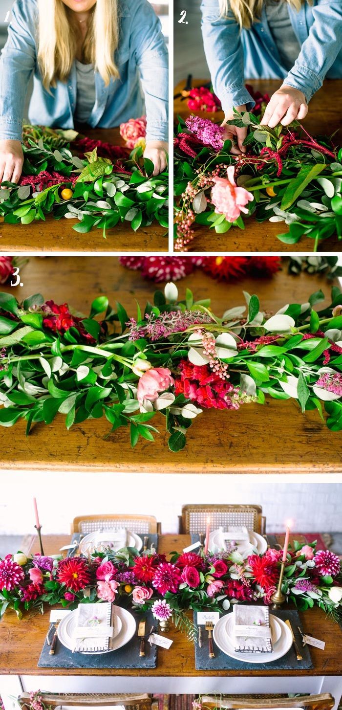 dekoravimo stalas, pavasario gėlės ir žalios šakos girliandos, pavasario apdaila, vakarėlio apdaila