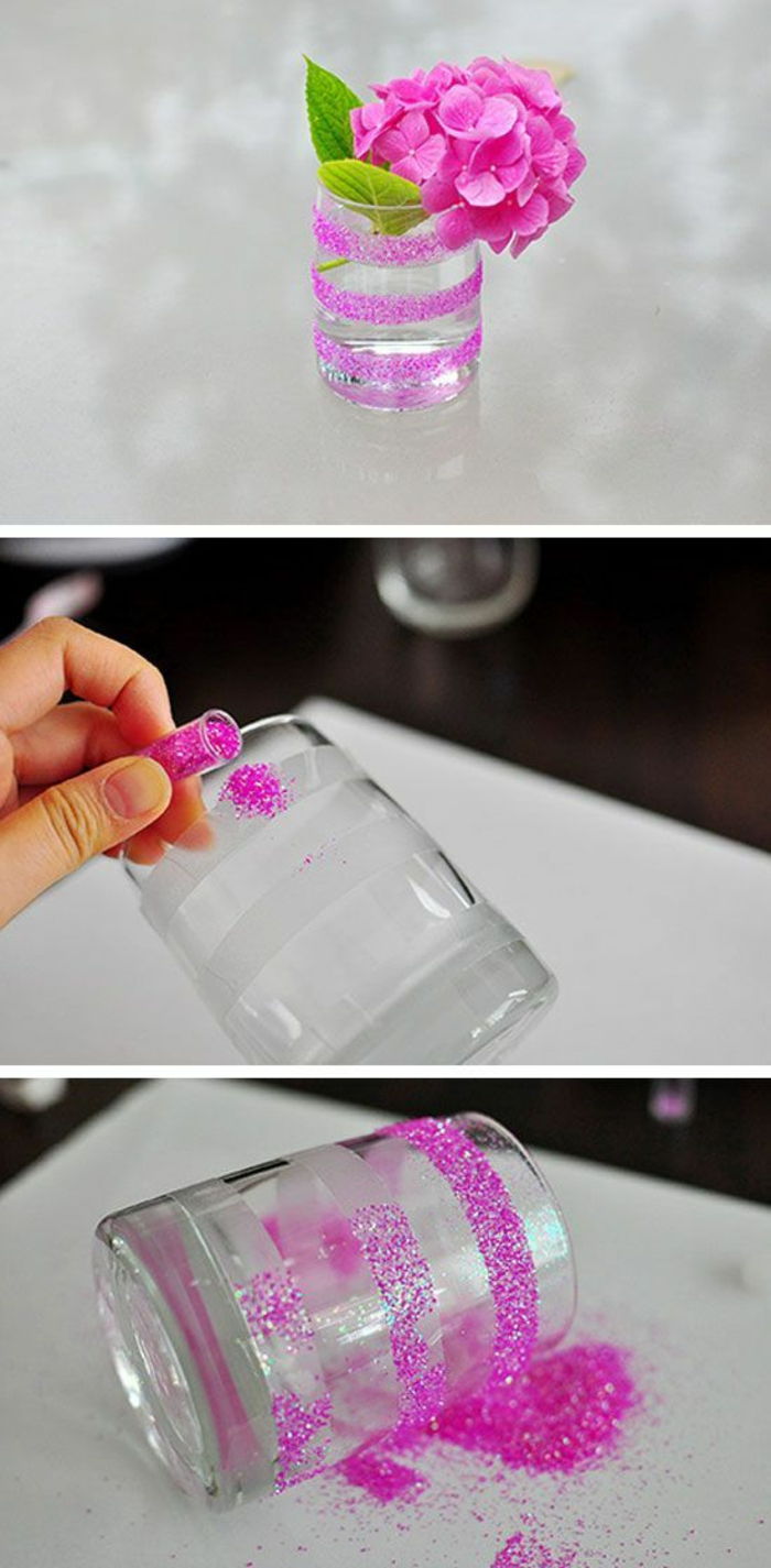 rožinės spalvos blizgesio dekoravimo stiklo vazos, hortenzijos, diy vazos