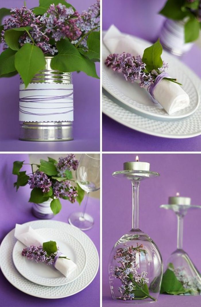vakarėlio violetinė, talpa, gėlių servetėlių žiedas, vyno taurės, tealight laikiklis