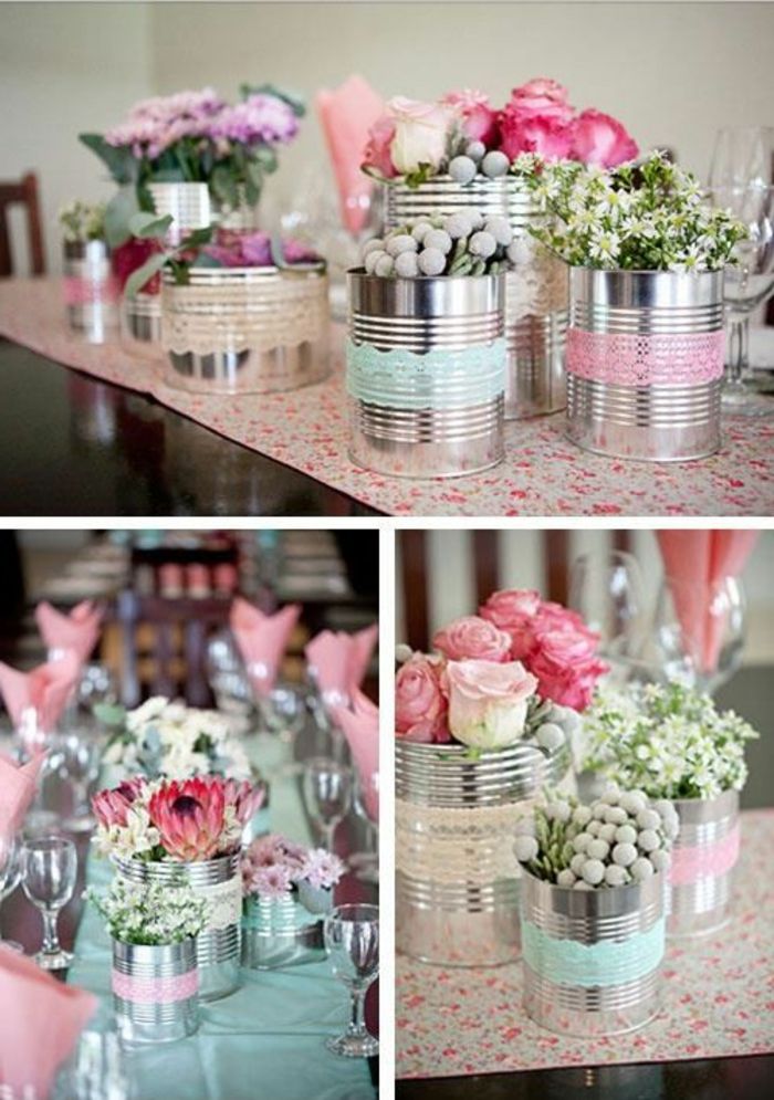 Konservuoti vazos, puoštos nėrinėmis, gėlėmis, pavasario apdaila, vakarėliu dekoravimui