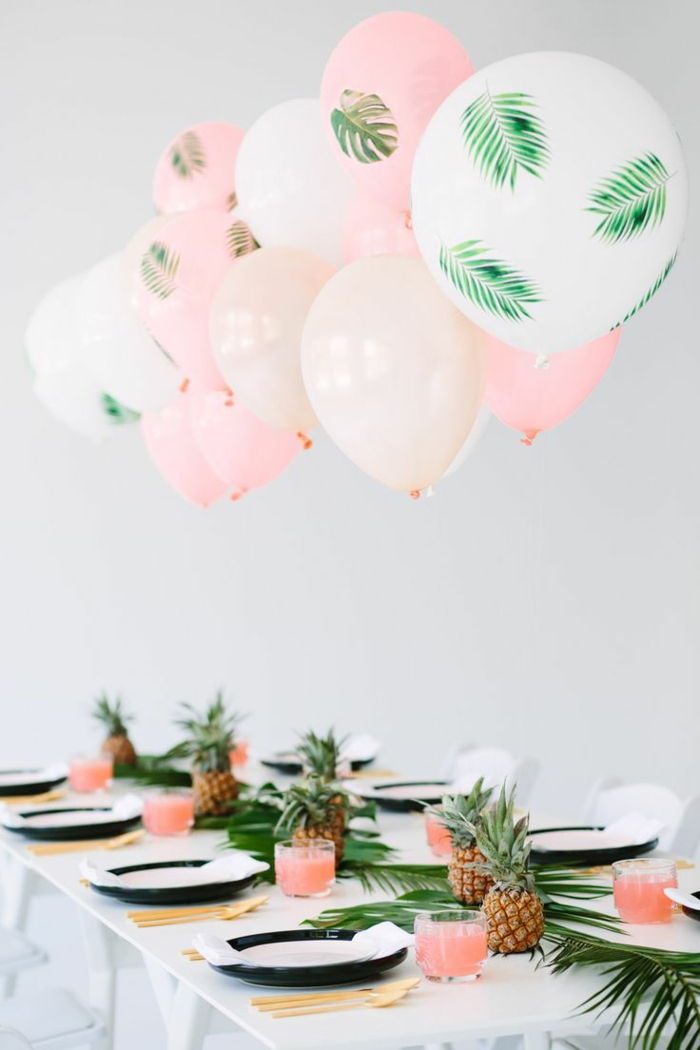 DIY parti dekorasyon, ananas, yeşil yaprakları ile balonları, yaz partisi dekorasyon