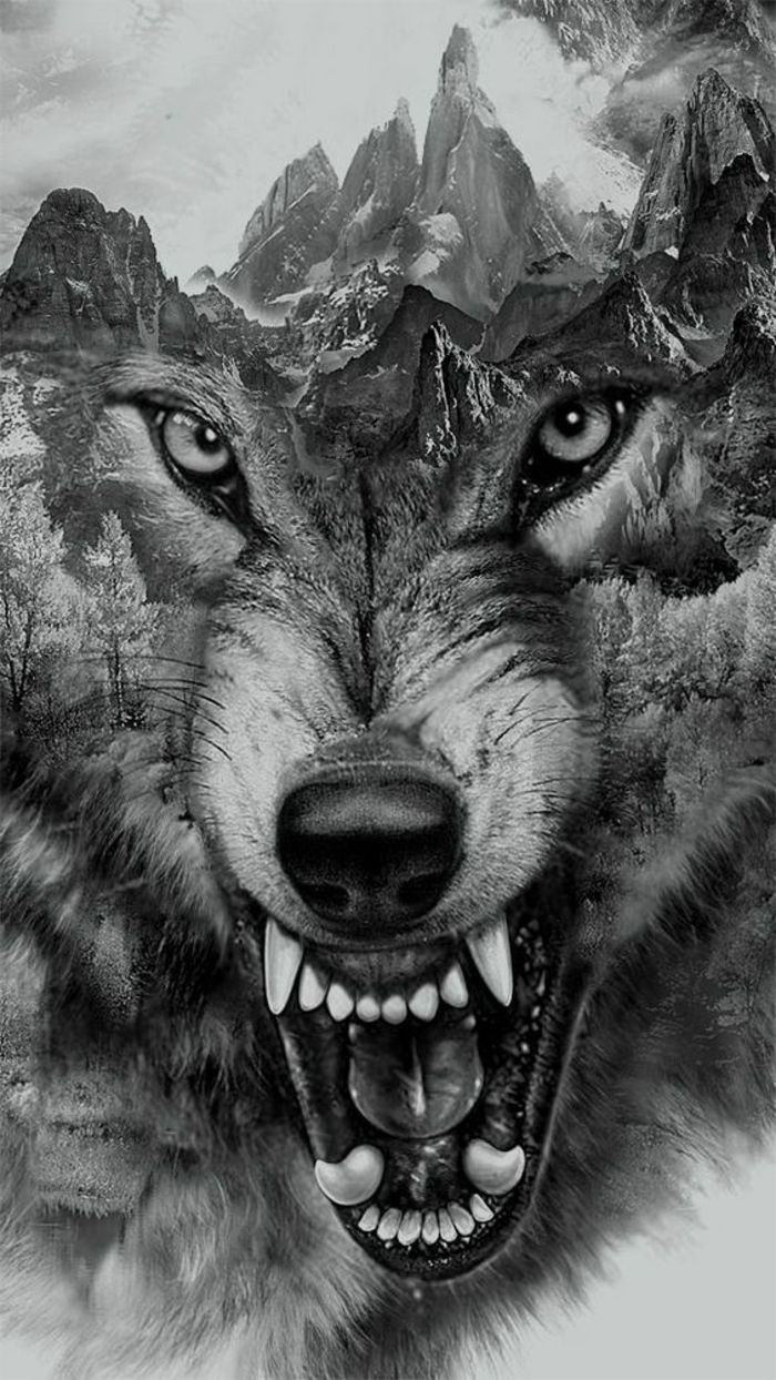 įkvepianti nuotrauka - puiki vilko tatuiruotės idėja - čia yra įnirtingas ir snarkstantis vilkas ir kalnai