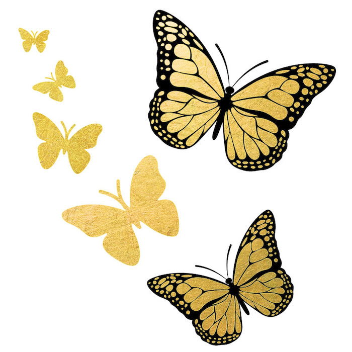 Idėjos puikiai atrodančioms mažoms auksinėms tatuiruotėms su plaukiojančiais drugeliais