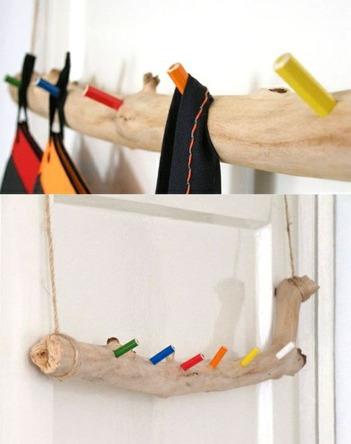drijfhout-ast-kledinghaken-diy-gekleurde potloden-wit-deur-rope