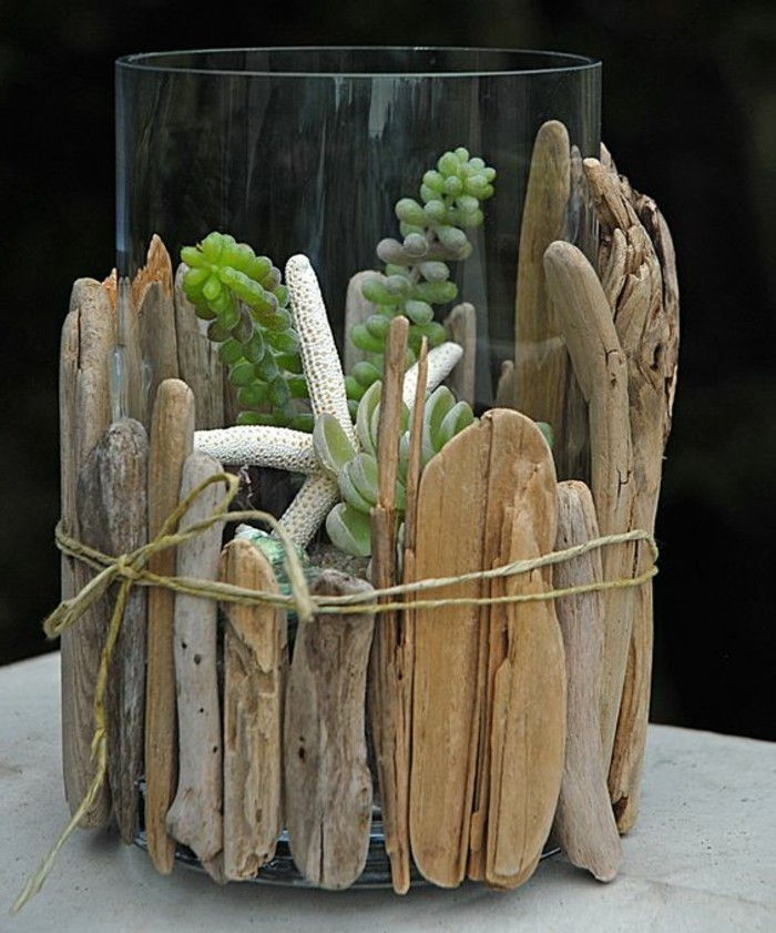 Driftwood-deco-glasvade-cu-redecorarea-holt verde-plantă-alb-stele