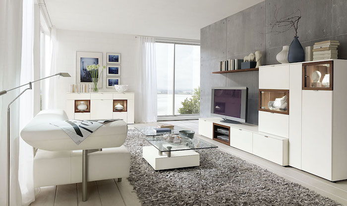 levende vegg hvitt stort hvitt skap hvor fjernsynet er plassert fluffy teppe glass bord sofa