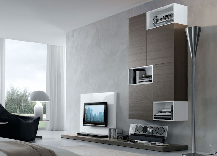 tv vegg grå design designer ideer grå design skap under hyller for bøker