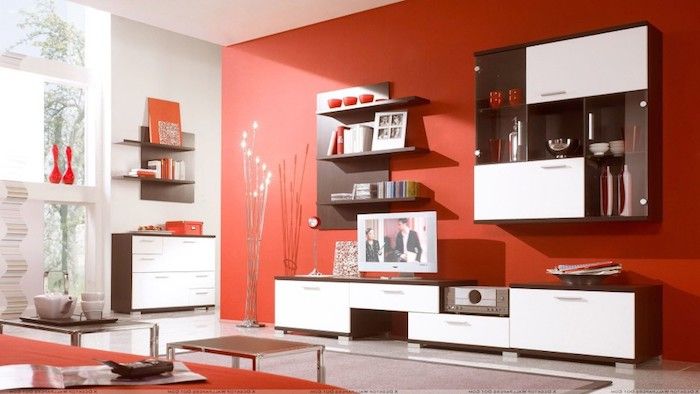 kabinet muur rode muur muur design rood en wit combineren creatieve lamp ontwerp mooie vloerlamp