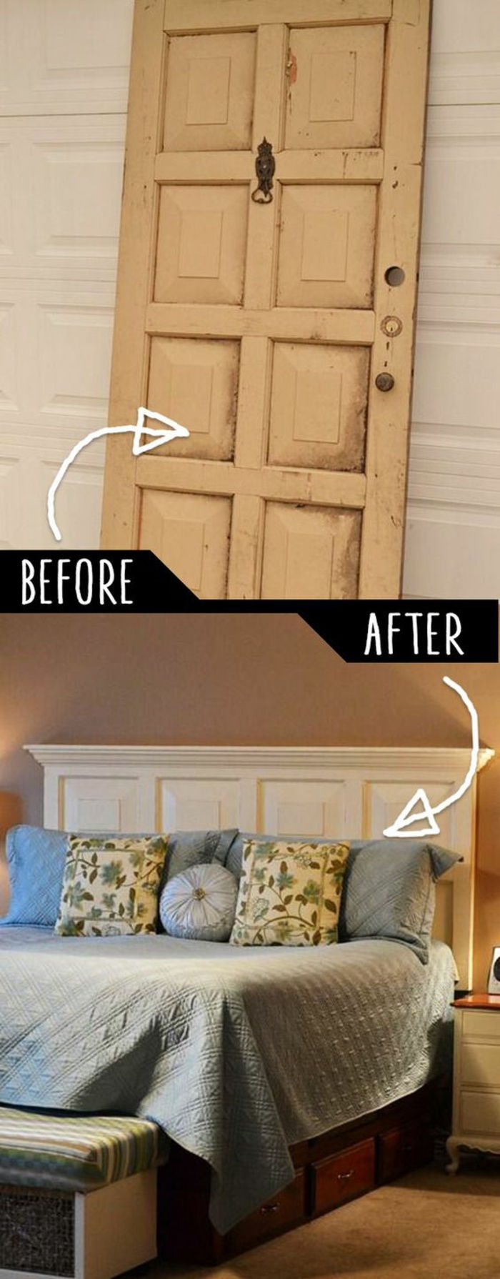 Používajte staré dvere ako hlavovú dosku na posteľ