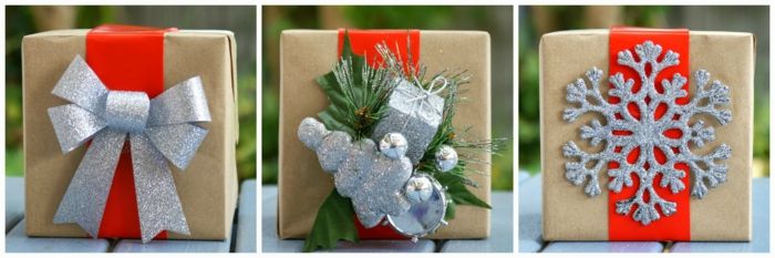 sølv dekorasjoner - bånd, gran og snøflake - kreative emballasje gaver