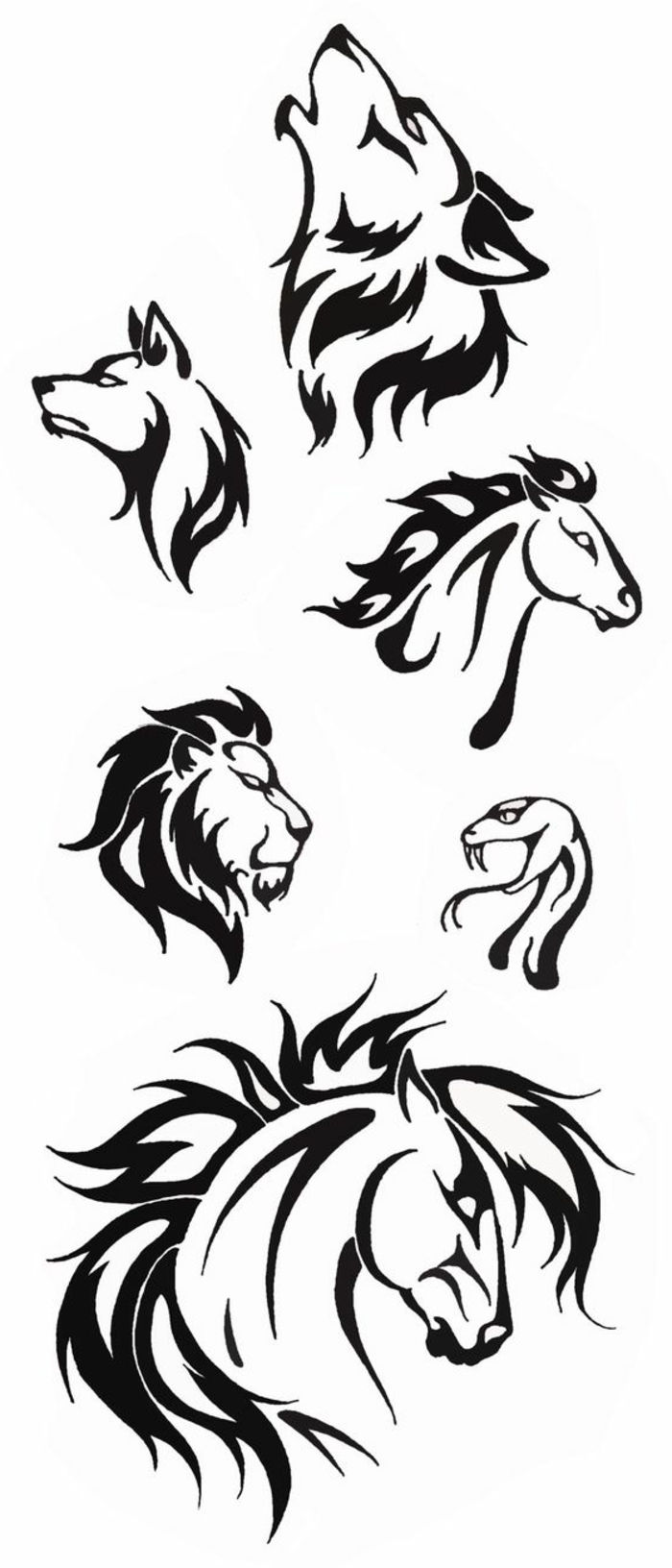 Čia parodysime skirtingas idėjas juodosioms tatuiruotėms - vilkai, liūtys, du arkliai ir gyvatė