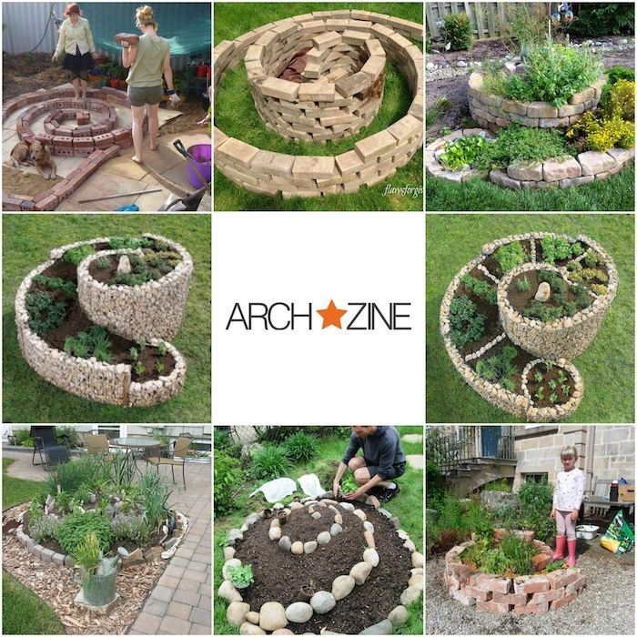 her viser vi deg noen av våre ideer om hagedesign - du kan bygge urter spiral deg selv med grønne forskjellige planter og små steiner