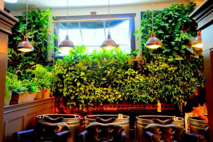 en restaurang med intressant belysning och vertikal grönning vid fönstret