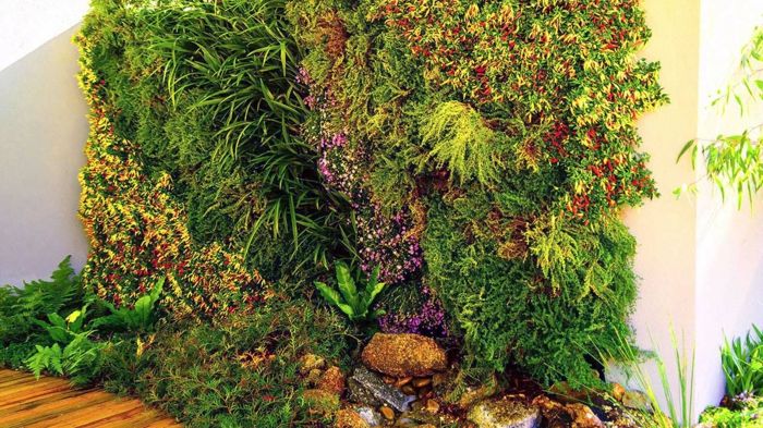 vertikal planting kombinert med en dam - mange blomsterarter