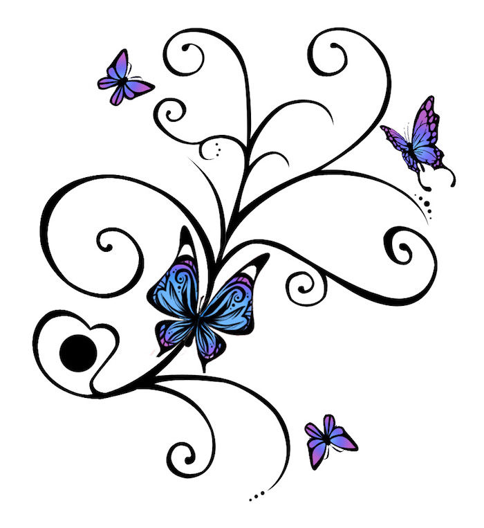 Kitas mūsų idėjas apie 3d drugelio tatuiruotės šablonus, kuriuos galėtumėte tikrai patikti. Čia yra keturi maži mėlyni drugeliai ir juodos gėlės