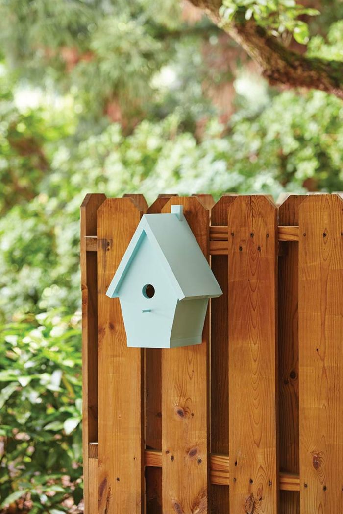 Bouw zelf een houten nestkast, lichtblauw geverfd, vreugde voor de vogels en een prachtige tuindecoratie tegelijkertijd