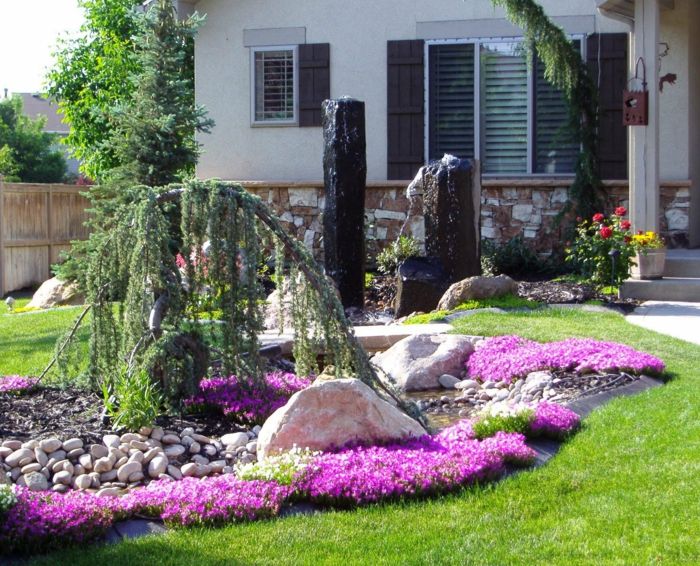 ružové kvety, rybníky, vŕba plačúca, skalná záhrada - moderný predný dvor