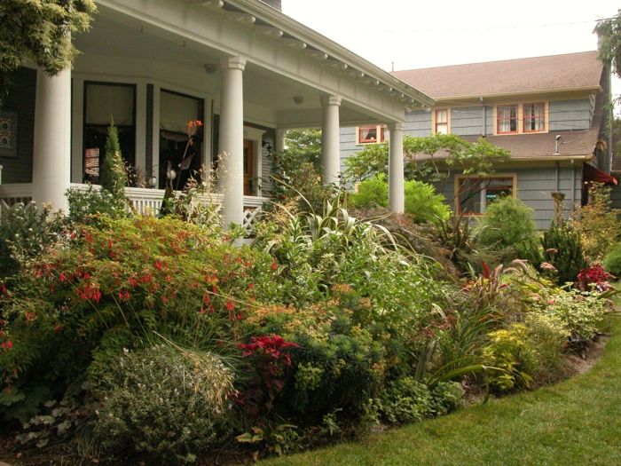 Veranda s mnohými rastlinami vysoké kvety - nápady na predné záhrady