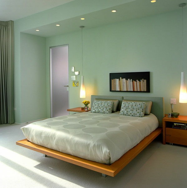 vegg farge-mint-Koselig soverom-med-moderne-plattform seng bruke Silver Sengeteppe