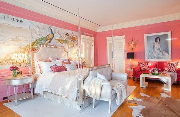 väggmålning exempel rosa kasta på sängen