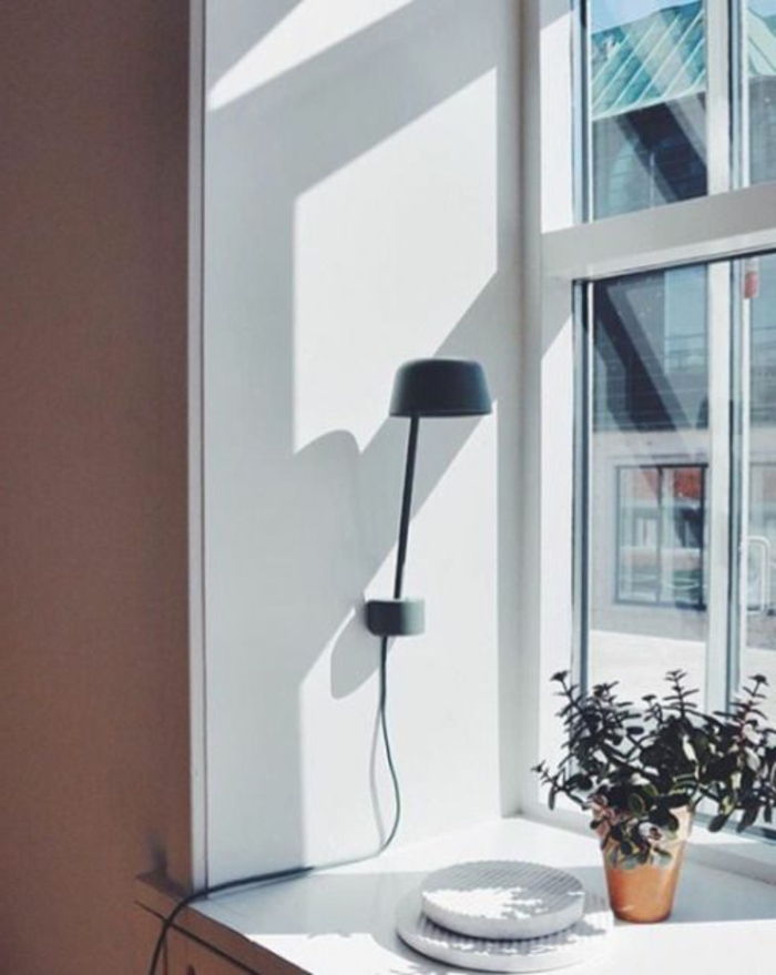 Lampa na oknie o prostym designie i dekoracji doniczkowej