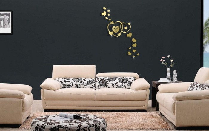 duvar saatlik xxl şekilde kalp-dial-altın-siyah duvarlı bej cihazlar deri dışkı bitkisel motifler