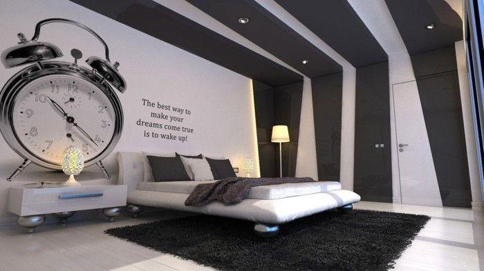nástenné hodiny-moderný budík steny náročné kože bed-nepriame osvetlenie-viedol-light-black-koberec-bielo-poschodie