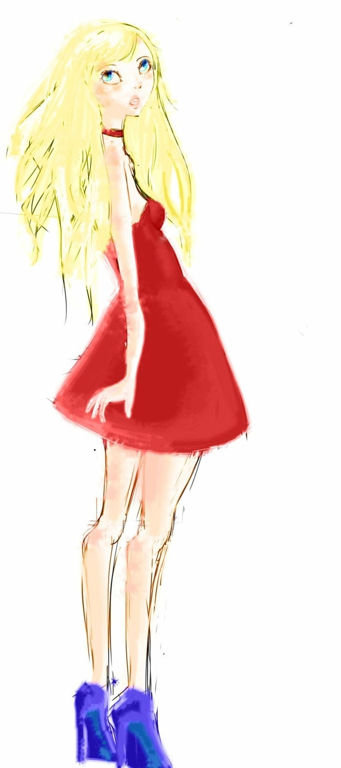what-vojde-to-červeno-dress-paint-Model-design-červeno-modré kontrasty vytvoriť-blond-girl-shape