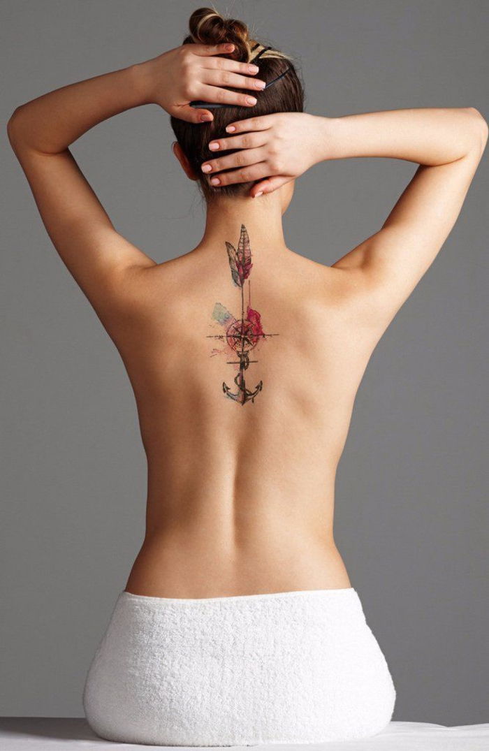 färgad tatuering för kvinnor, ankare, kompass och fjädrar, inspiration för din ryggtatuering