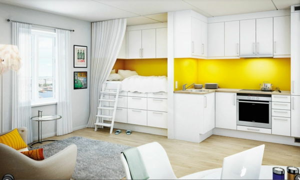 vita möbler och gul-kök-vägg färg