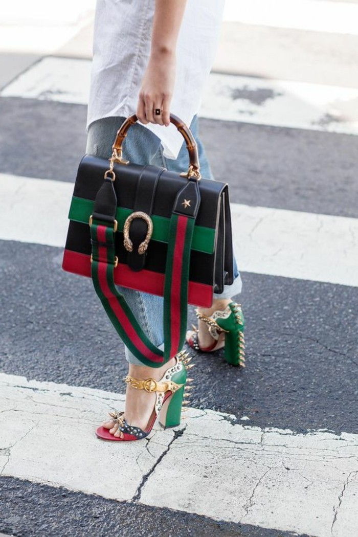 ktoré topánky farebný-to-červeno-šaty-zeleno-čierno-červeno-dekorácie Gucci kabelky, topánky a doplnky-idea-pre-kombinované-with-red-šaty