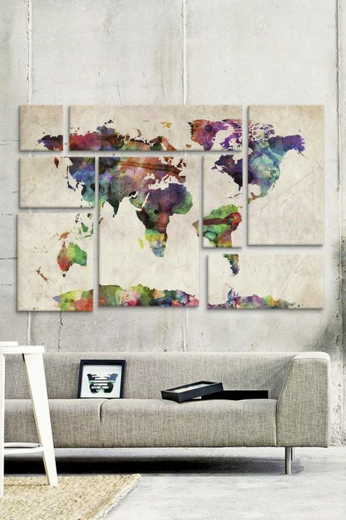 dünya haritası-kanvas-salon-gri görünümlü bej