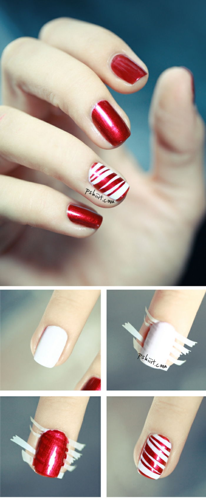 Koel idee voor winterse manicure met tape, witte en rode lijnen, ovale nagelvorm