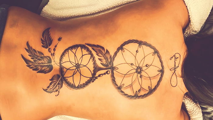 Idea per tatuaggio sul collo per donne con un grande acchiappasogni con piccole piume
