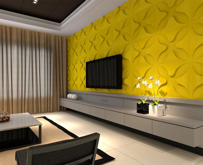 stue vegg innredning gul vegg med dekorasjoner svart tv hvite blomster sofa salongbord