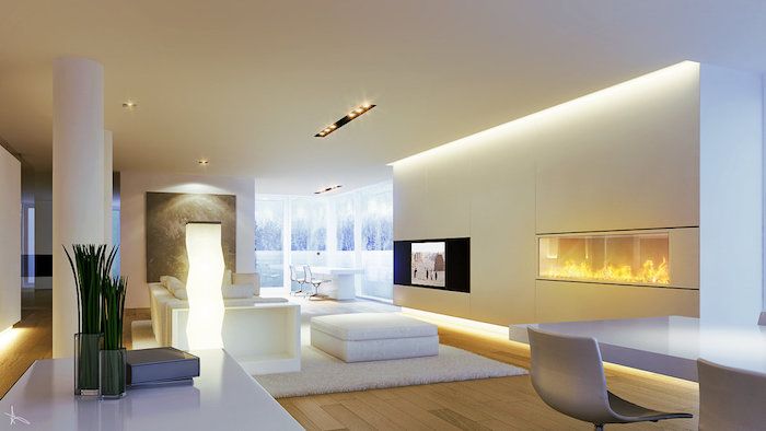 tv-paneel witte en gele muur design ideeën witte tapijt kruk tafellamp fauteuil decor idee