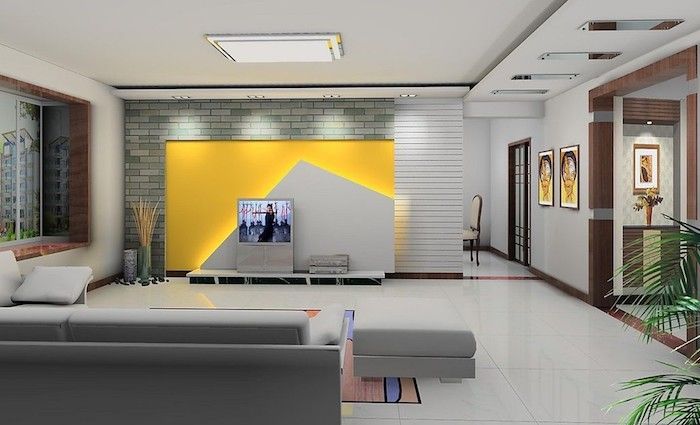 tv-panel grå gul design på veggen veggen dekorasjon ideer veggmalerier grå sofa avføring veggen farger