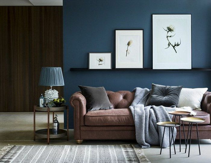 modrá obývacia stena zdobená obrazmi rastlín v troch rôznych veľkostiach