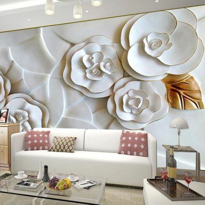 3-D tapety v bielej farbe s kvetinovými motívmi pre návrh stien v obývacej izbe