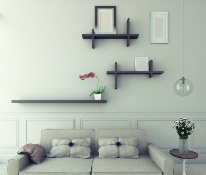 Nástenné dekorácie Obývacia izba: rôzne modely dekoratívnych nástenných police z dreva