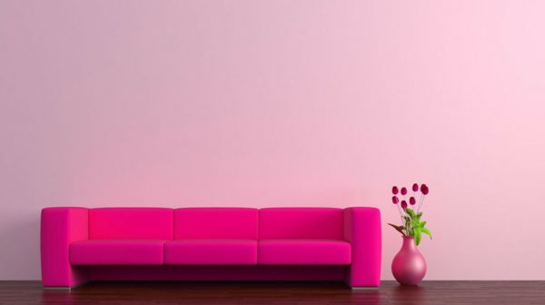 vardagsrum med vacker väggfärg rosa soffa med rosor bredvid den