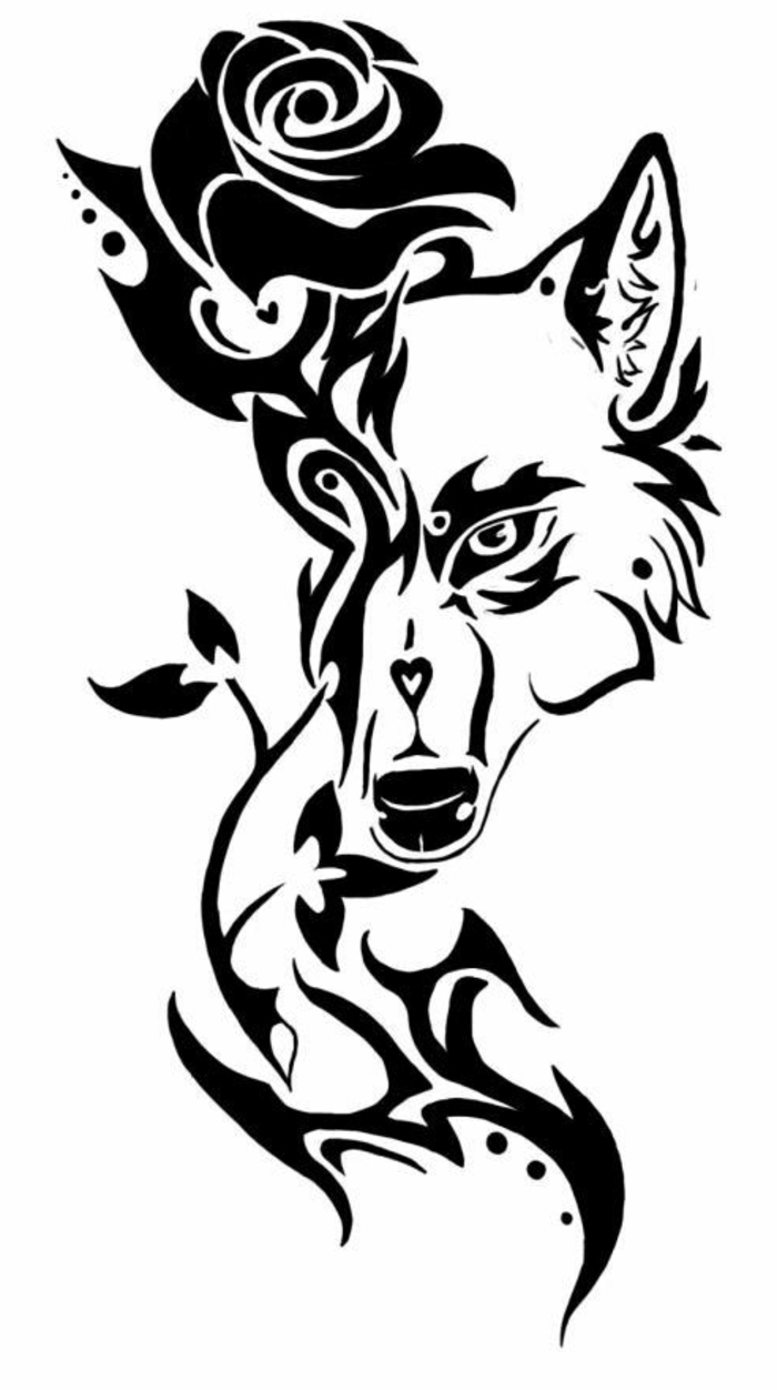 Čia yra juoda rožė ir juodas vilkas - vilkų tatuiruotės idėja