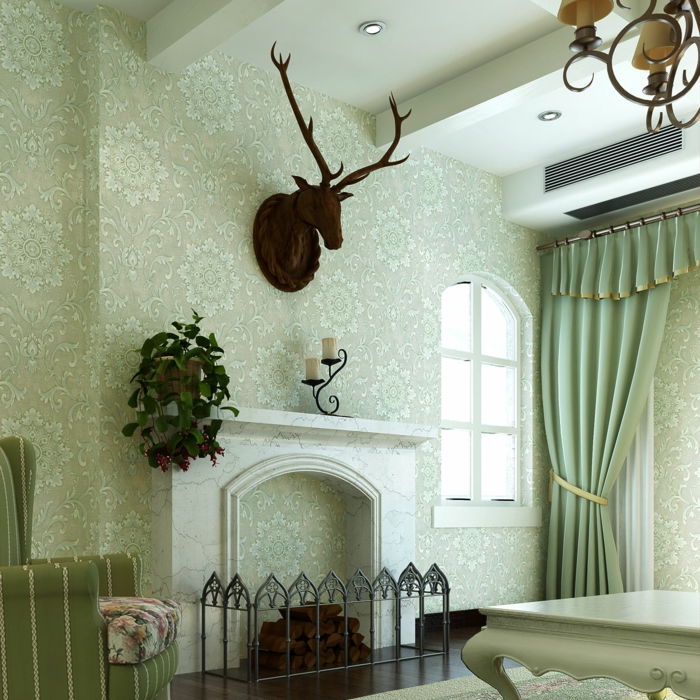 șemineu frumos și elegant interior perdea de perete decor cap de cerb aristocratică scaun tapet de epocă