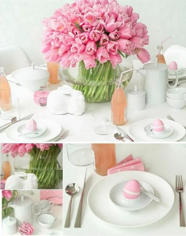fortryllende bord dekorasjon-med-rosa-tulipaner