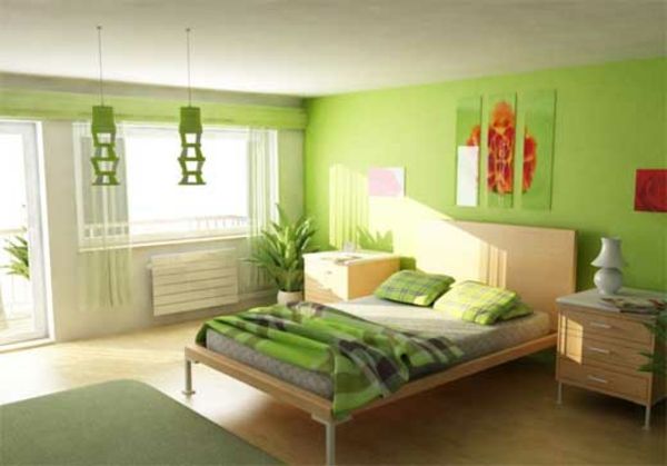 Pomieszczenie do malowania-pomysłów-sypialnia-z-zieloną-ścianą-farbą i roślinami