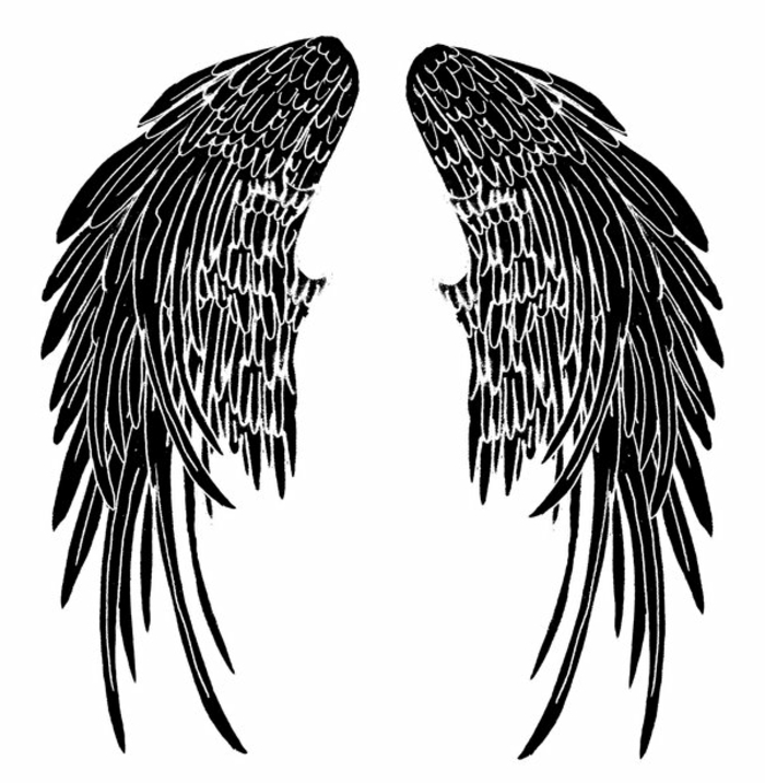 toto je jeden z našich inšpirujúcich nápadov na tetovanie čiernych anjelských krídel s dlhým perím
