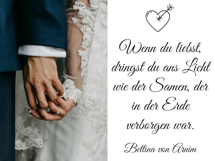 grande detto di bettina von arnim sul tema dell'amore e del matrimonio e una foto con una coppia di innamorati e mani con anelli